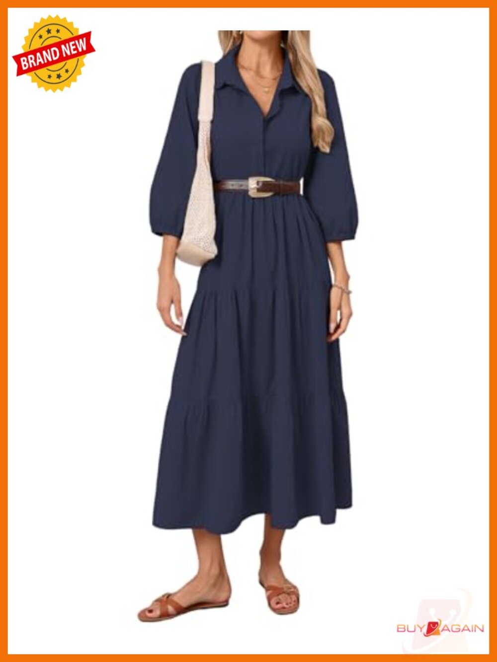 Womens Cotton Maxi Shirt Dress Button Down Tiered Puff Sleeve